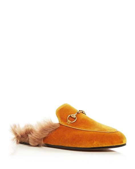 Gucci Women's Princetown Velvet and Lamb Fur Mules